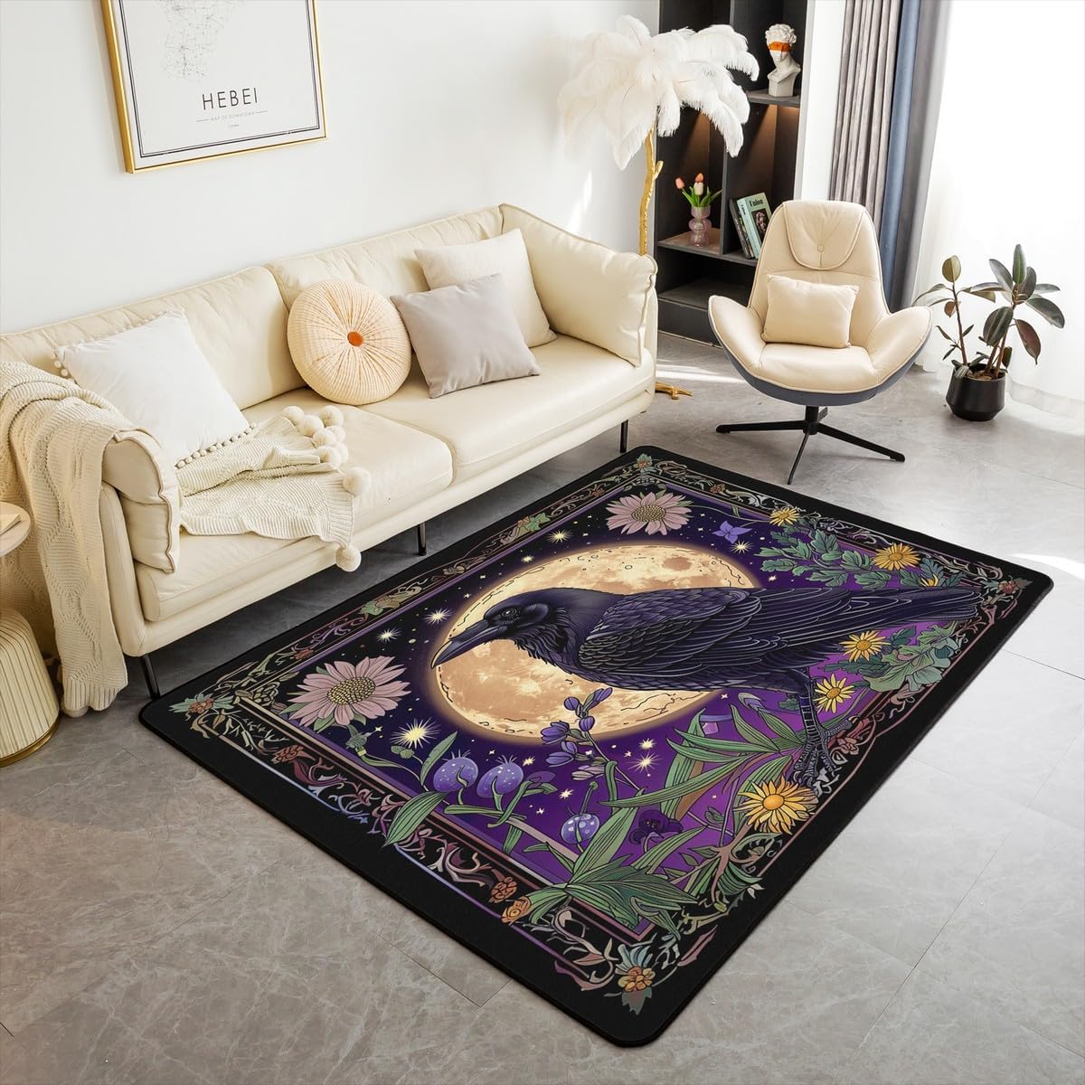 Erosebridal Halloween Crow Area Rug 3X5 Kids Teens Black Raven Living Room Rugs Moon Starry Sky Decorative Carpet for Living Room Decor Boho Exotic Flowers Indoor Floor Mat