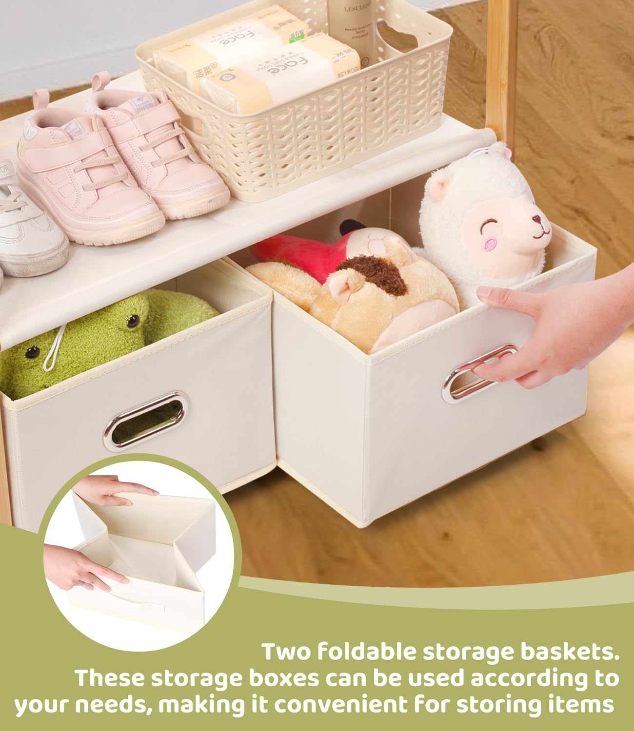 Bambus Kinder Kleiderständer, mit 2 Aufbewahrungskiste und 2 Verstellbaren Hängestangen, Kleiderstange & Ablage, Kinderzimmer, Kindergarderobe, für Baby Mädchen Jungs (Naturfarbe)