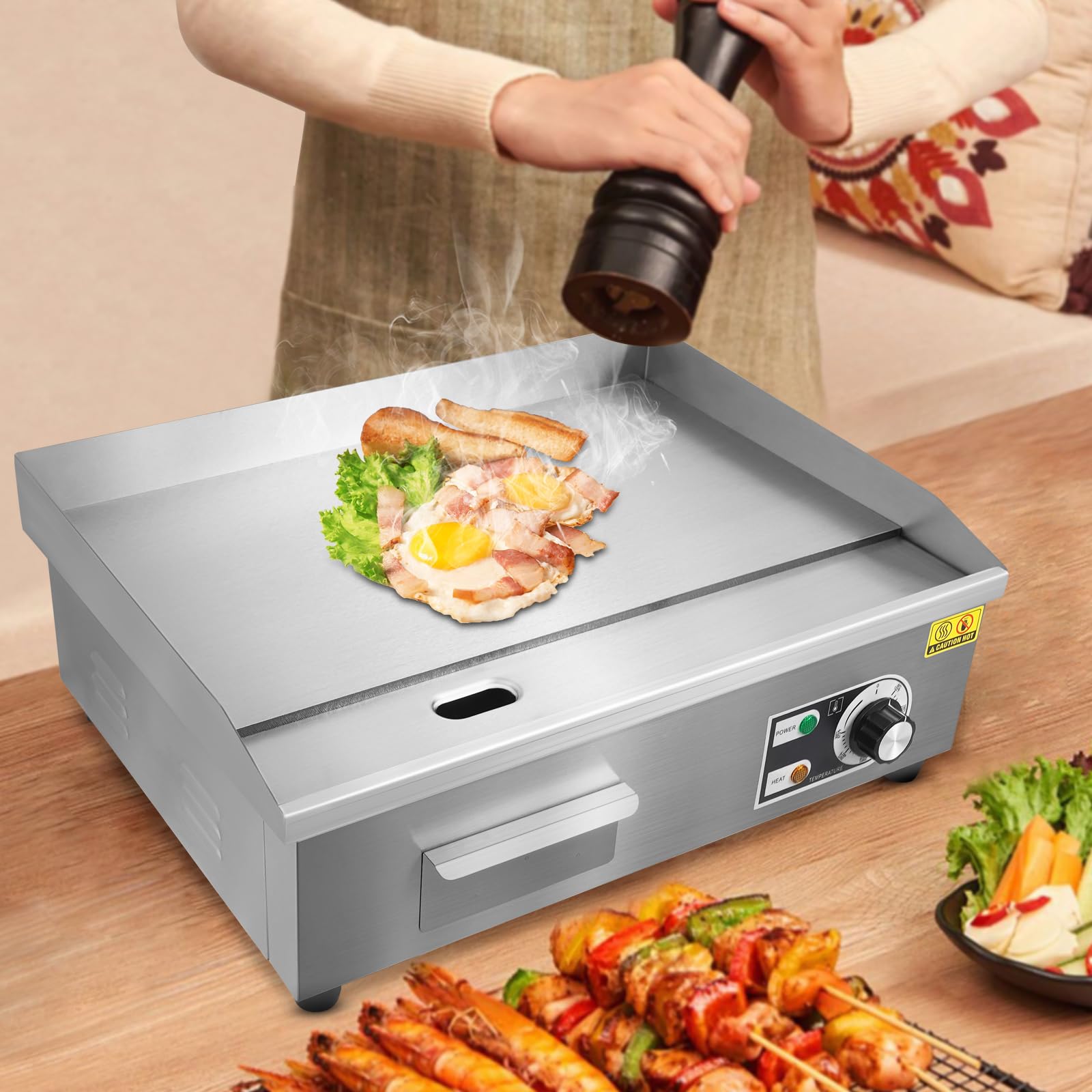 Plancha, piastra elettrica da 3000 W, griglia elettrica da tavolo, in acciaio inox, temperatura regolabile da 50 a 300 °C, con piedini in gomma antiscivolo