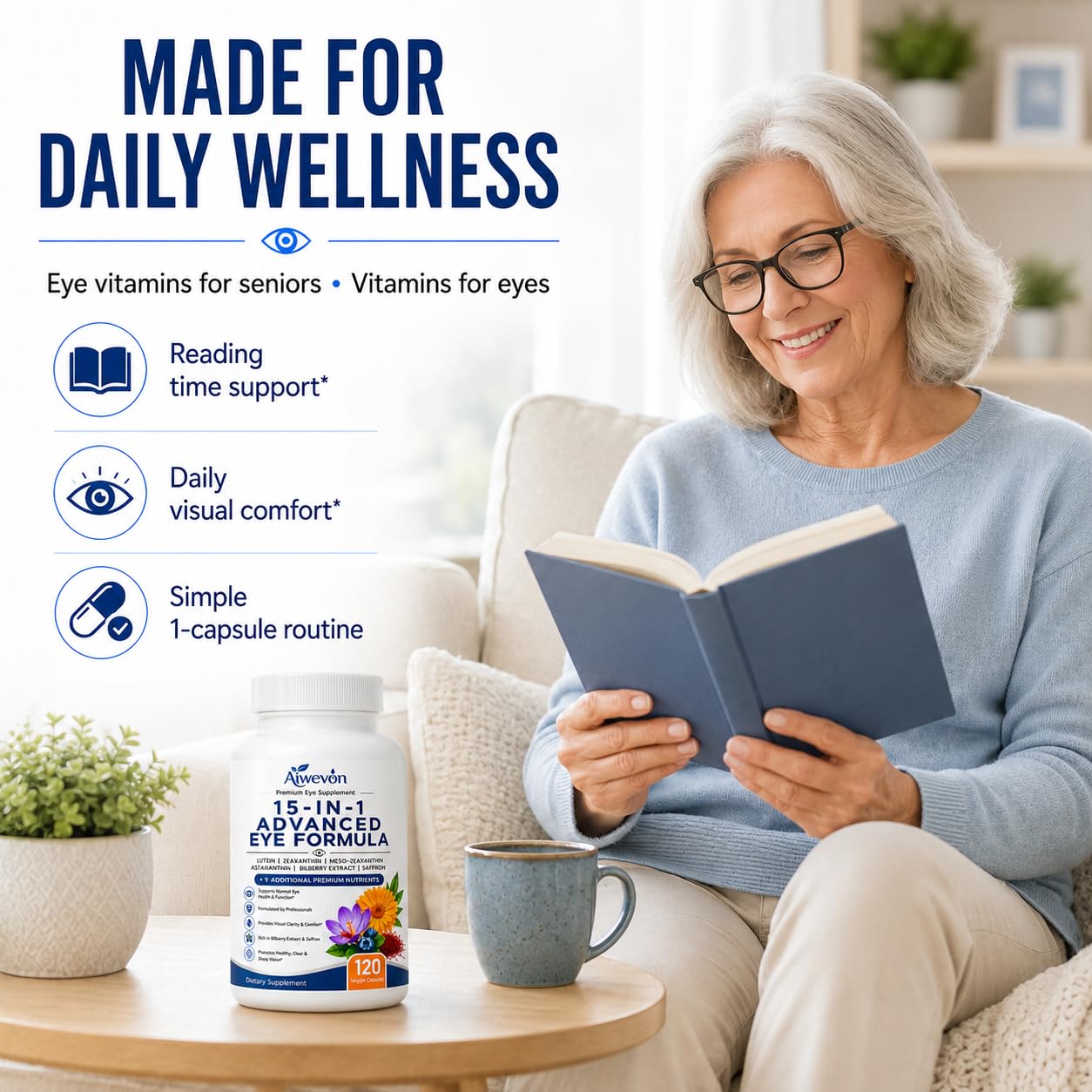 15 in 1 Advanced Eye Formula, Eye Vitamins Supplement with Lutein Zeaxanthin Meso Zeaxanthin, Bilberry Extract & Saffron, Eye Health Support Capsules for Adults, Daily Vision Nutrition, 120 Count — Amazon image 5