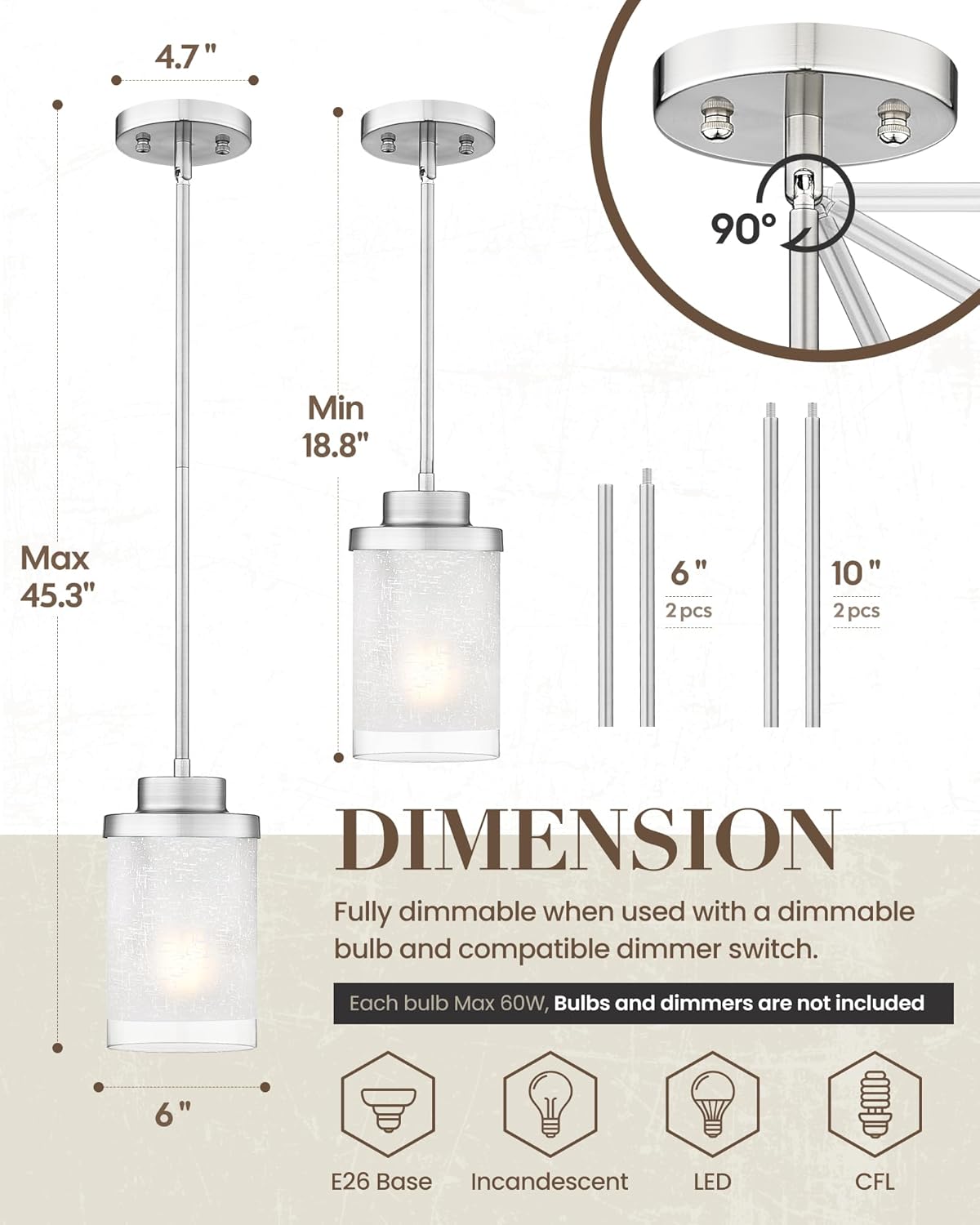 TENGXIN ENGXIN Modern Pendant Light for Kitchen Island, 6 Inch Brushed Nickel Hanging Ceiling Light Fixture,Farmhouse Pendant Lighting for Dining Room Bedroom Bar Office,TXPLBN01-L