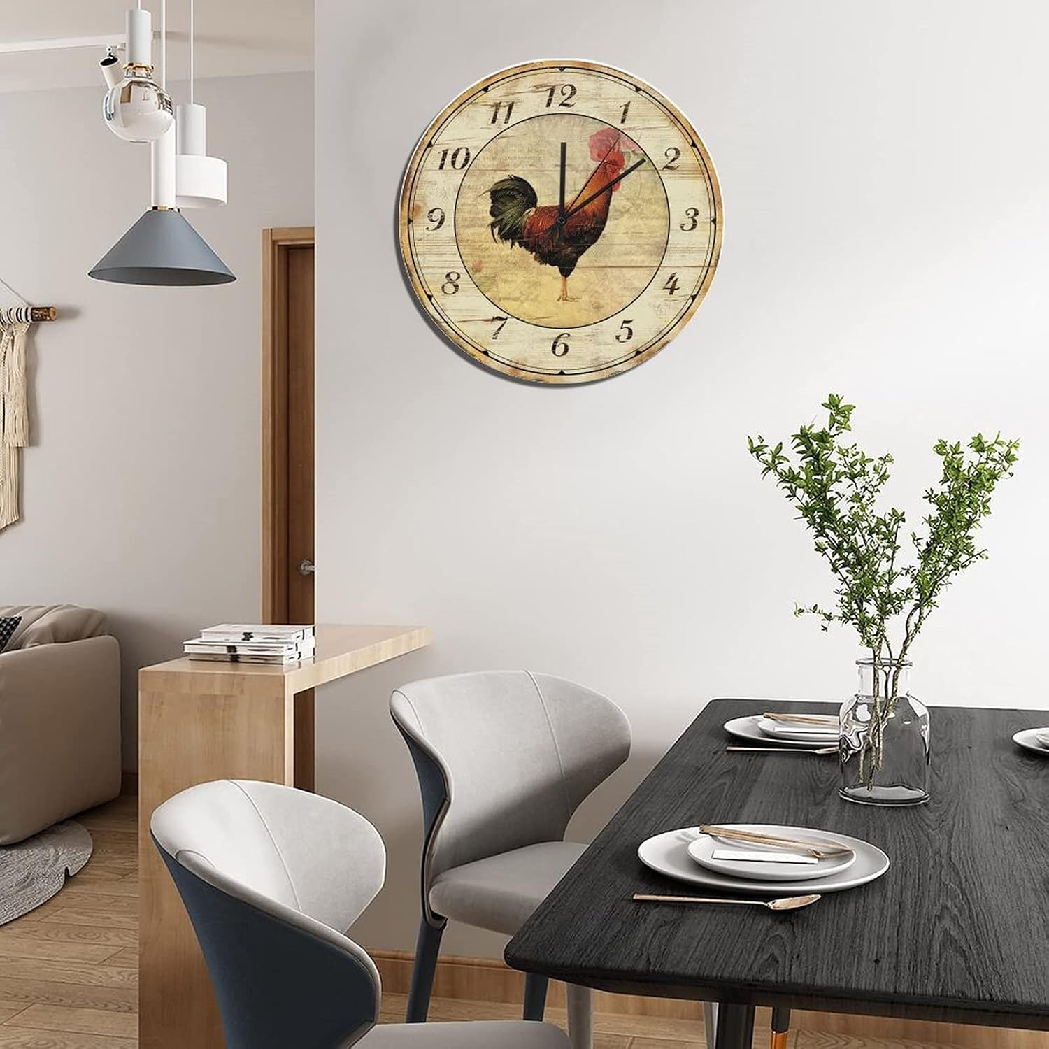 UFunhome 12-Inch Rustic Wooden Wall Clock Silent Non Ticking Battery Operated Round Clocks Vintage Chickens Blue Flower Home Decor Retro Hanging Wall Clocks for Patio Pool Bathroom Bedroom