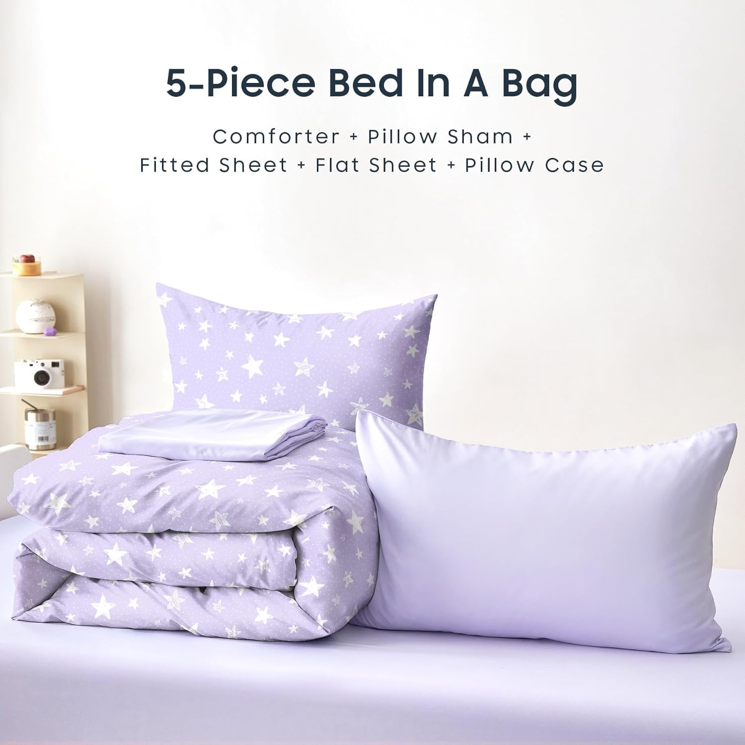 Wake In Cloud - Star Bedding Set for Boys Girls, Cute Stars Polka Dot, Soft Lightweight Comforter Set with Sheets, 5 Pieces Kids Bed in a Bag, Light Purple, Twin Size
