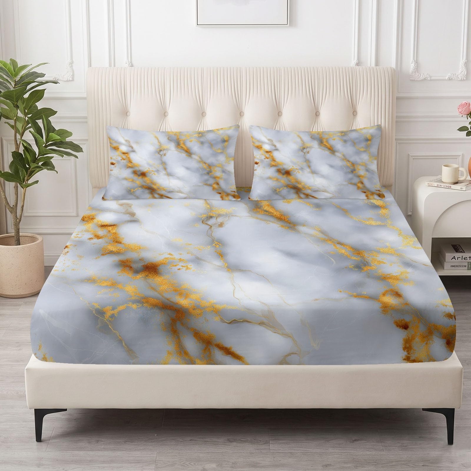 Spannbettlaken Abstrakt Bettlaken 140 x 200 cm Weiche Atmungsaktive Mikrofaser - Grau MarmorMuster Mineralien Spannbetttuch für Boxspringbett & Wasserbett Schlafzimmer Dekor, Steghöhe 30 cm