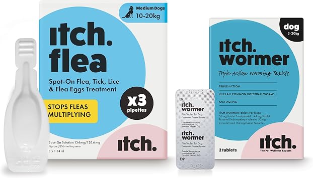 Itch Medium Dog Flea & Tick Treatment and Wormer Bundle for Dogs - 10-20kg