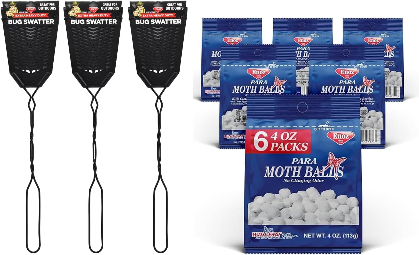 Enoz para Moth Balls and Fly Swatter Bundle, Kills Moths and Carpet Beetles, No Clinging Odor