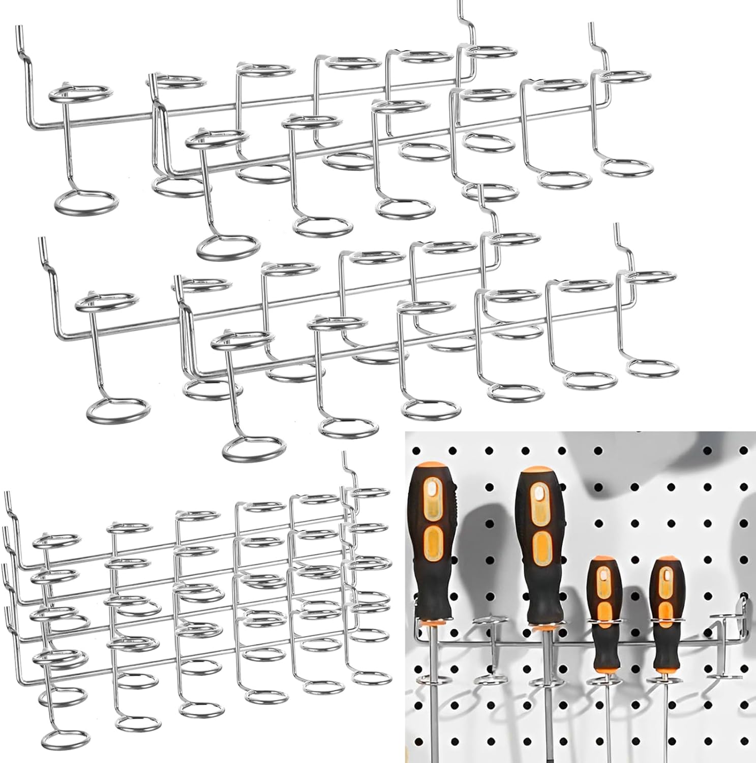 8 PCS Pegboard Screwdriver Holders, Six Tool Multi Tool Organizer Racks Silver Screwdriver Holder Organizer for Pegboard, Pliers, Screwdrivers Common Tools