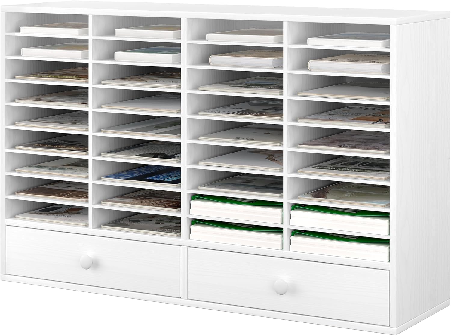 TQAVI Wood Classroom Mailbox 36 Compartments with 2 Drawer, Large Paper Organizer with Adjustable Shelves to Sorting Literature Bill, A4 Size File Organizer for Office School Home, White