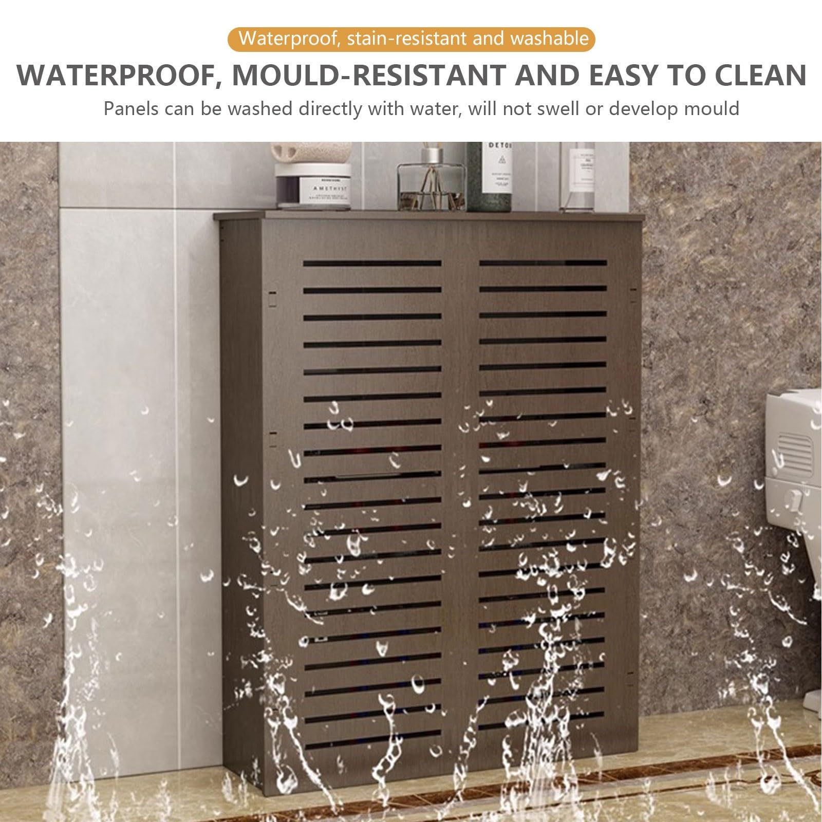 Armario de ocultación de radiador, PVC impermeable con chapa de grano de nogal, resistente a la humedad, dimensiones personalizables 70 x 70 x 15 cm para ocultar colectores de tuberías