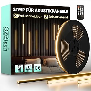GZBtech Akustikpaneele LED Streifen mit Fernbedienung 5M, Flexible Schneidbar 3000K Warmweiss Dimmbar Wandpaneele Strip light, IP67 wasserdicht Schwarz Selbstklebend Licht für Akustikpaneel, Regal
