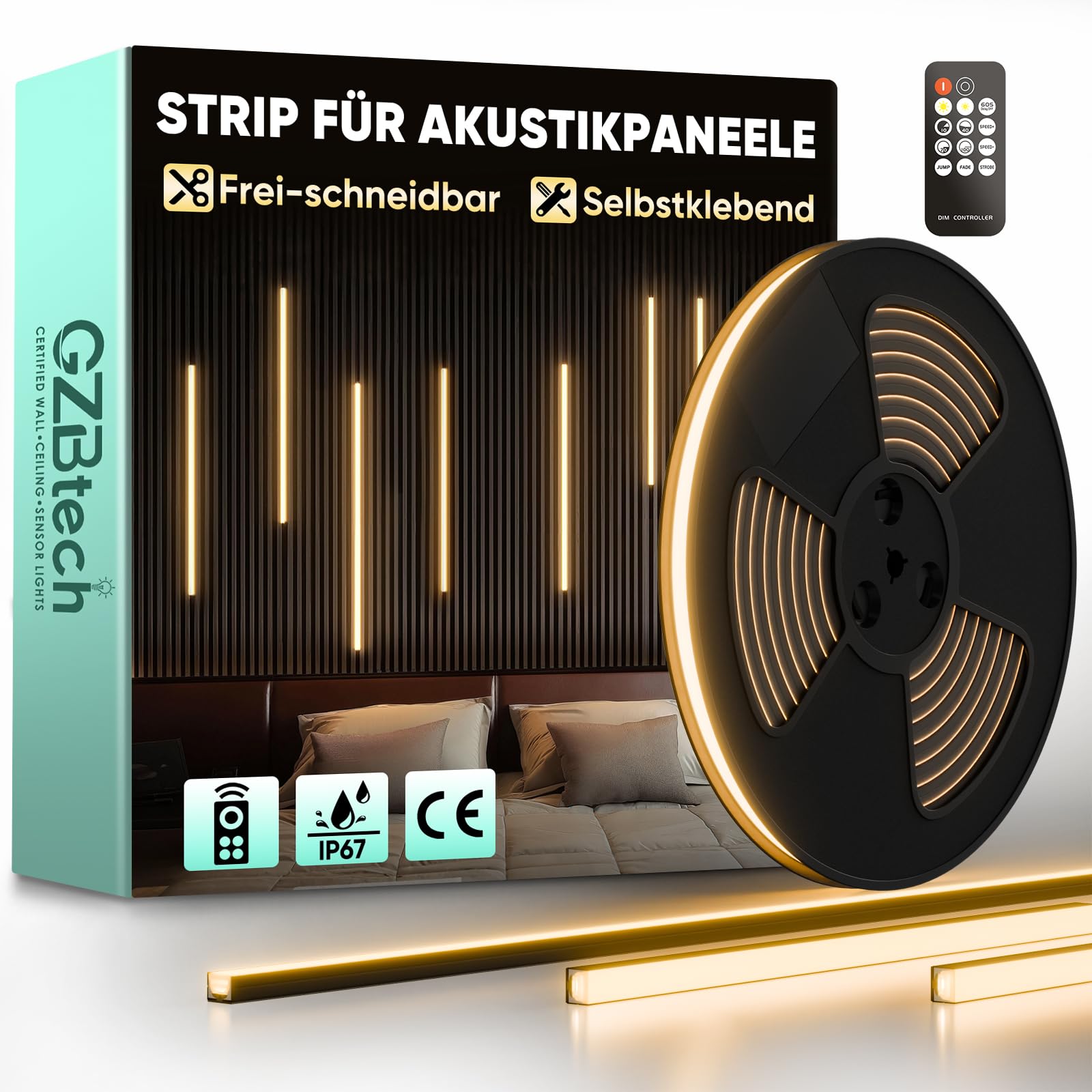GZBtech Akustikpaneele LED Streifen mit Fernbedienung 5M, Flexible Schneidbar 3000K Warmweiss Dimmbar Wandpaneele Strip light, IP67 wasserdicht Schwarz Selbstklebend Licht für Akustikpaneel, Regal