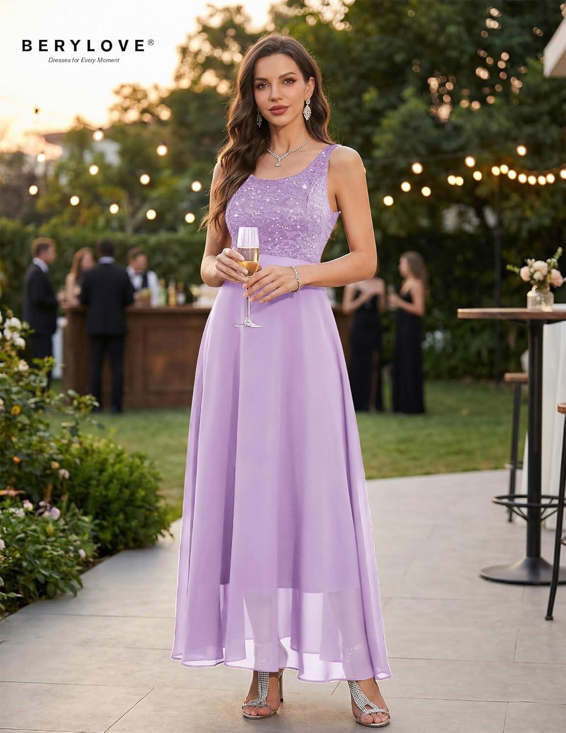 BeryLove Sequin Formal Dress for Woman A Line Lace Prom Dresses Sleeveless Cocktail Maxi Gowns