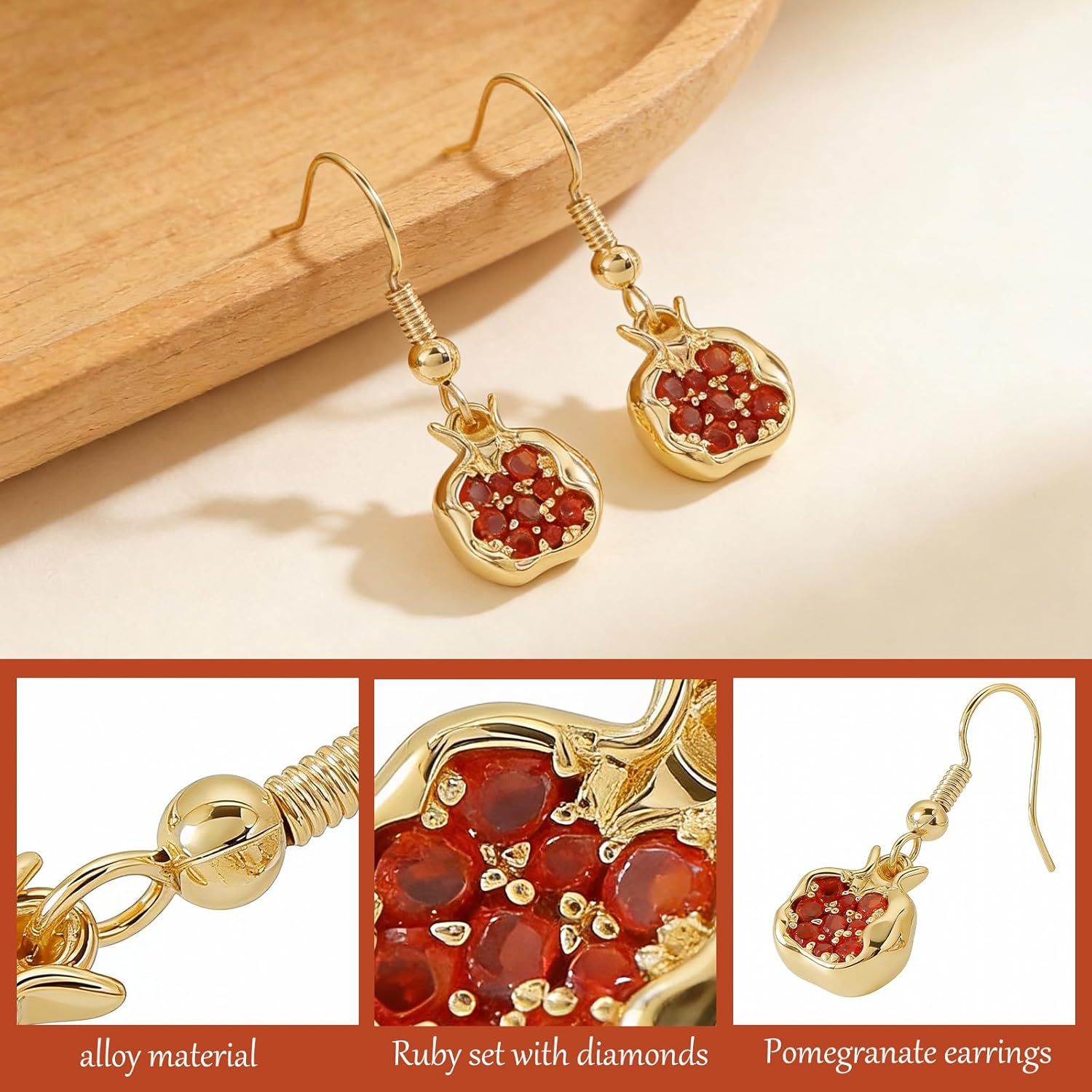 Gold Plated Pomegranate Hoop Earrings for Women,Elegant Cubic Zirconia Inlaid Copper Earrings,Irregular Steric Red Pomegranate Fruit Pendant Earring,Vintage-Inspired Statement Jewelry Gifts - Image 3