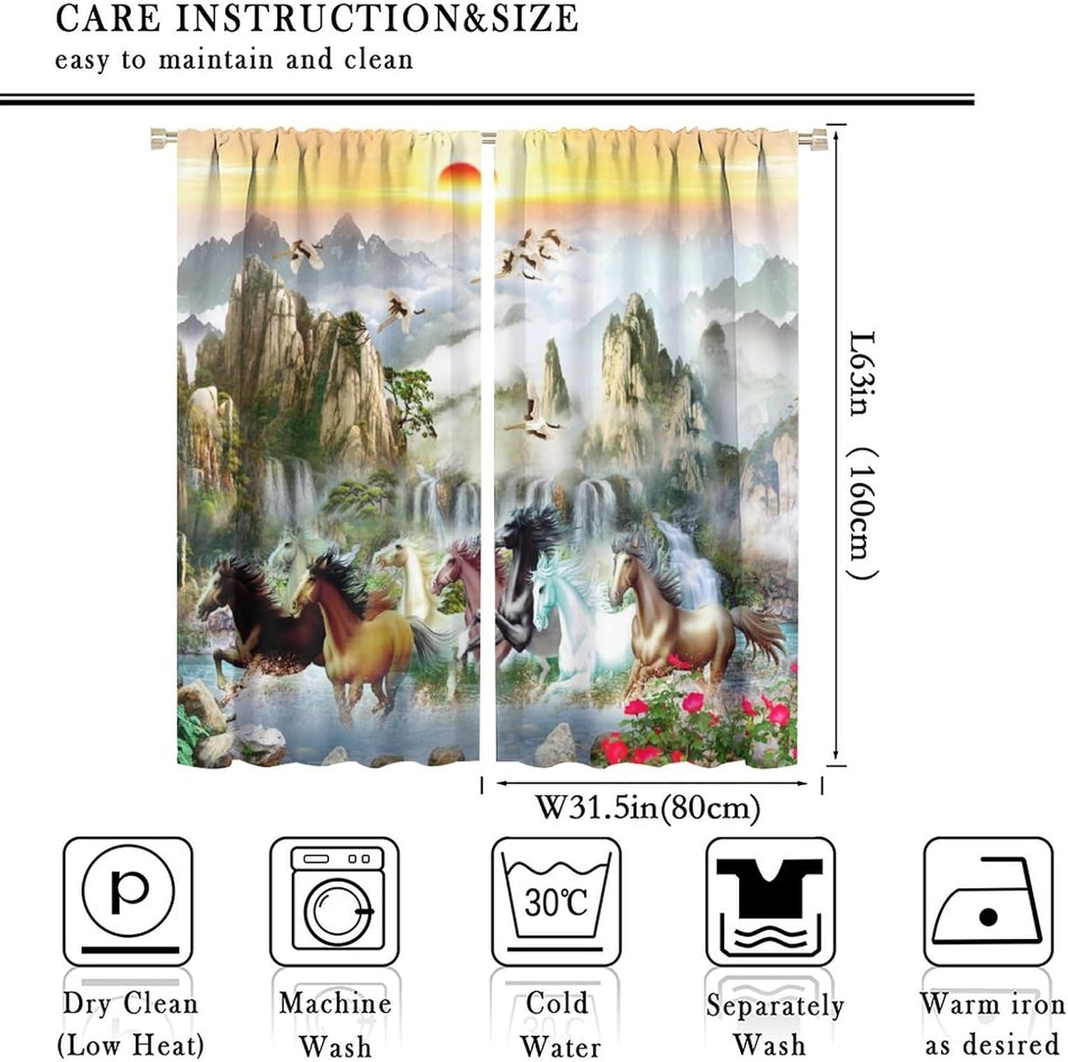 Watercolor Wild Animal Horse Curtains Window Treatments Vintage Japanese Natural Scenery Mountain Crane Horse Curtain Thermal Insulated Rod Pocket Blackout Curtains-2 Panels 63" L x 31.5" W