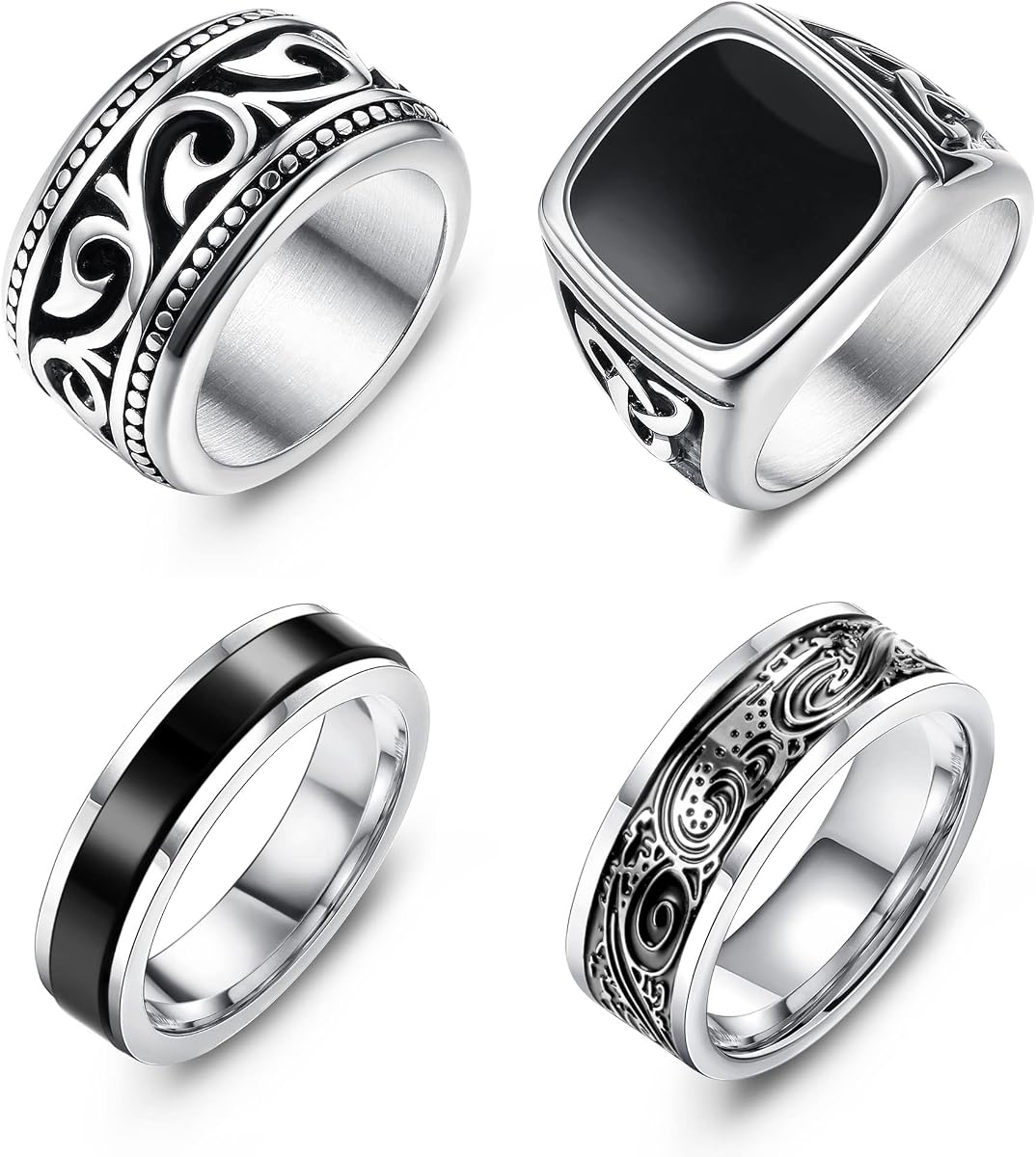 Jstyle 4 Pcs Stainless Steel Signet Rings for Men Vintage Celtic Rings Set | Biker Spinner Rings and Signet Rings, Polished Edge Pinky Rings and Thumb Rings for Men's Jewelry Gift, Silver/Gold Tone