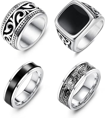 Jstyle 4Pcs Stainless Steel Vintage Signet Rings for Men Biker Rings Set Pinky Thumb Celtic Band Ring Spinner Ring Silver Gold Polished Edge Mens Rings for Men Jewelry Gift