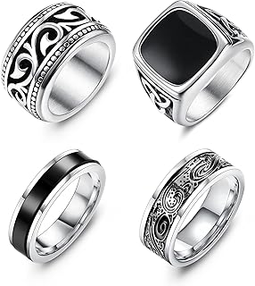 4Pcs Vintage Signet Rings for Men Biker Rings Set Stainless Steel Thumb Celtic Band Ring