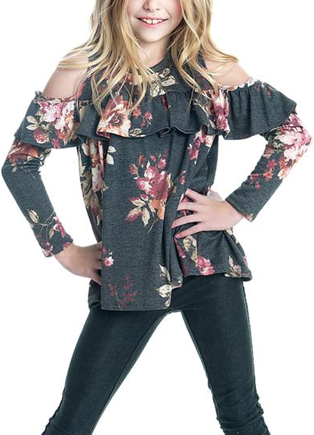 Blibea Girls Casual Floral Print Shirts Short Sleeve Cold Shoulder Ruffles Tops Blouse: Clothing