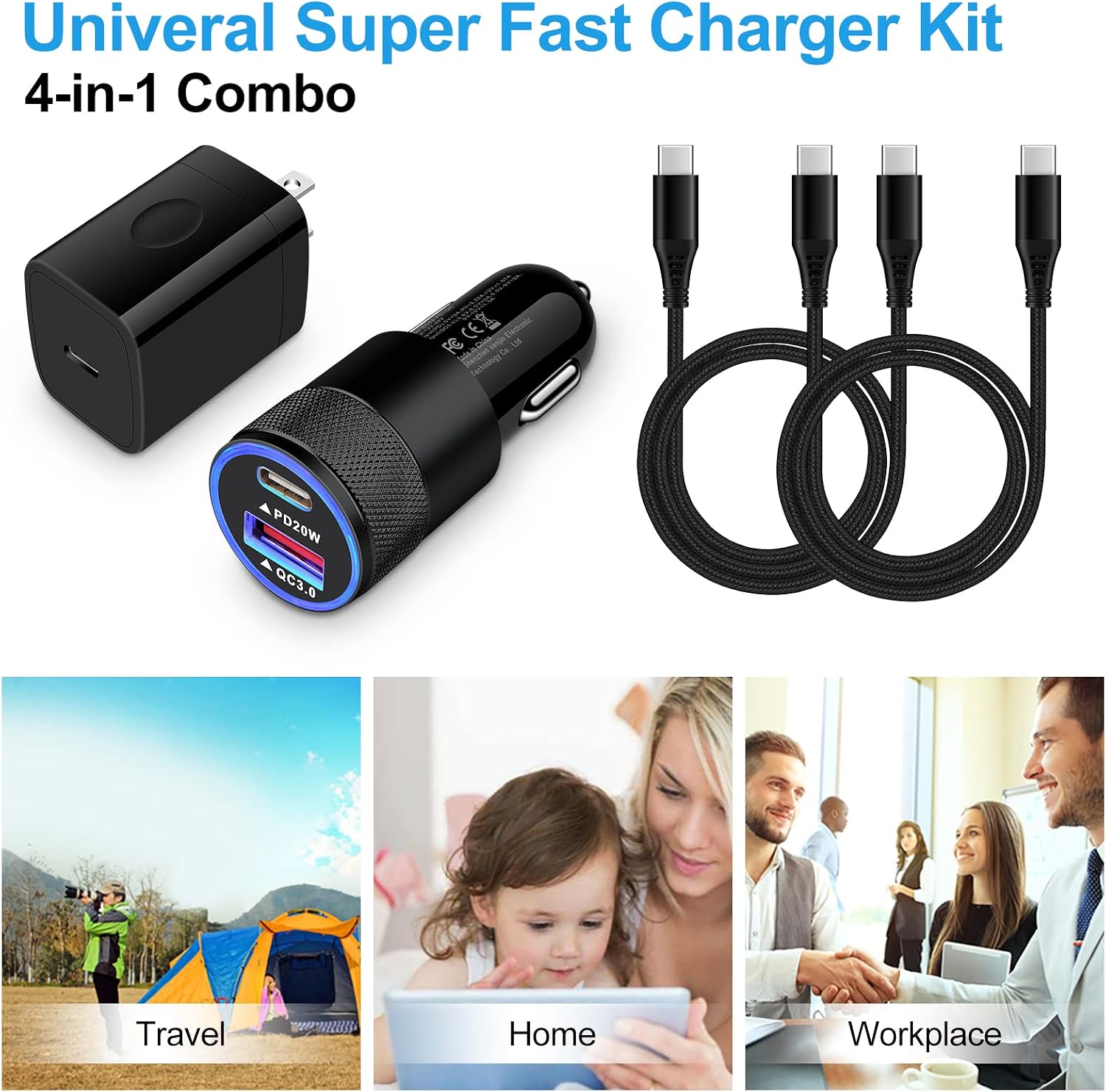 Type C Charger Fast Charging Block for Samsung Galaxy S25, A15 5G,A16,A55,A35,A14,A13,A25,S24 S23 FE,A03s,A53,Z Fold6,20W PD 3.0 USB C Wall Charger 38W Car Adapter+2 PCS Android 6ft USB C-to-C Cable