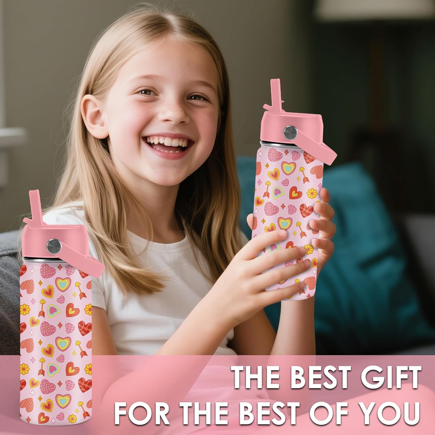 Heart Gifts for Kids - 16 Oz Kids Water Bottle with Straw Lid, Stainless Steel Insulated Tumbler, Leak Proof, BPA-Free, for Girls, School, Travel - Heart Pattern Children Birthday Gifts Cups(1pc) - Image 7
