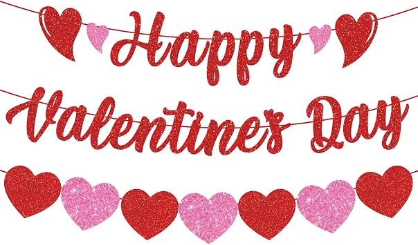 Happy Valentines Day Banner, Red & Pink Glitter Heart Garland, 3pcs, Cardboard, Rectangular