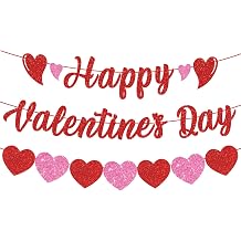 Happy Valentines Day Banner, Red & Pink Glitter Heart Garland, 3pcs, Cardboard, Rectangular