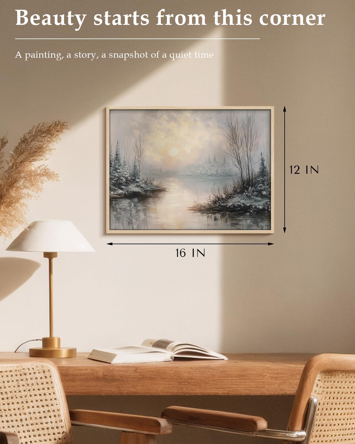 Vintage Snowy Lake Sunset Sunrise Framed Canvas Print, Winter Landscape Wall Art 12x16 Inch Trees Forest Sun Painting, Rustic Christmas Farmhouse Living Room Bedroom Cabin Office Decor image 3
