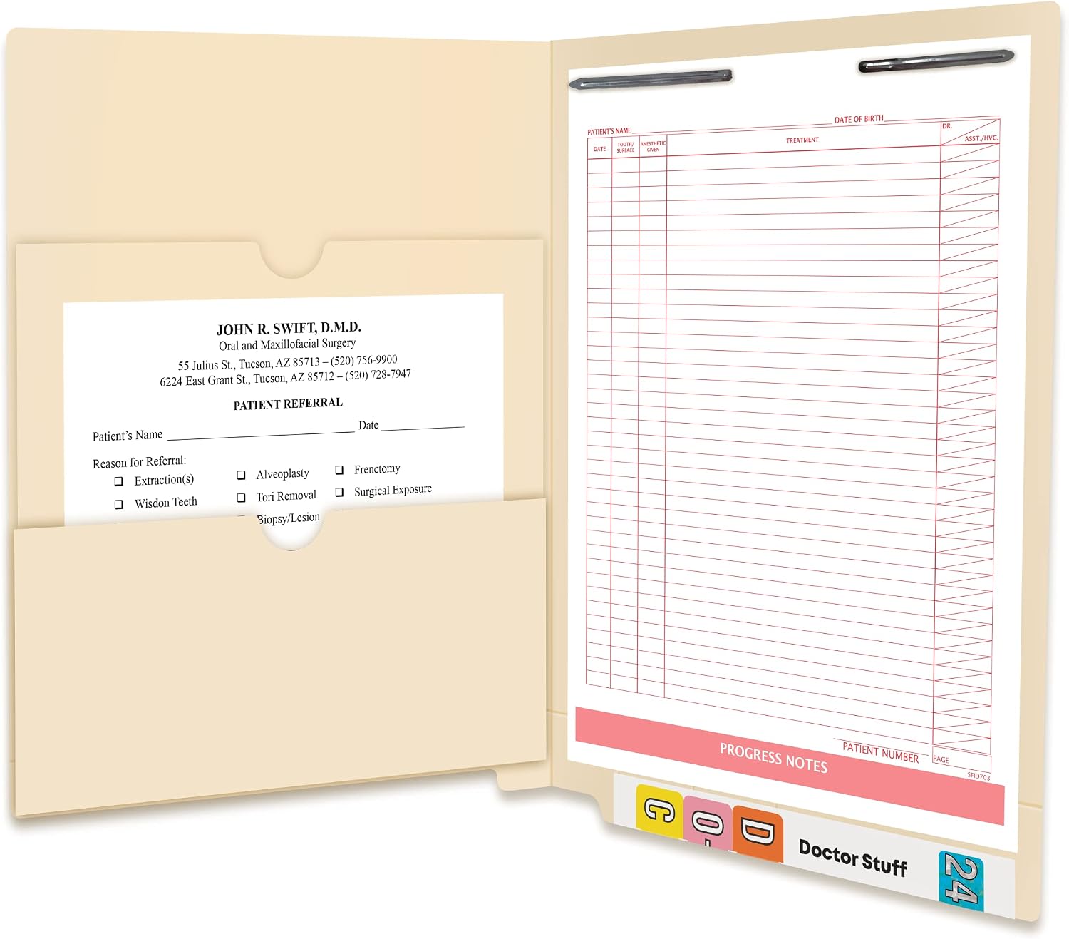 Pocket File Folders, Doctor Stuff, Reinforced End Tab Folder with Double Pocket on Inside, Two Fasteners in Position 1 & 3, 11 pt Manila Stock, Box of 50