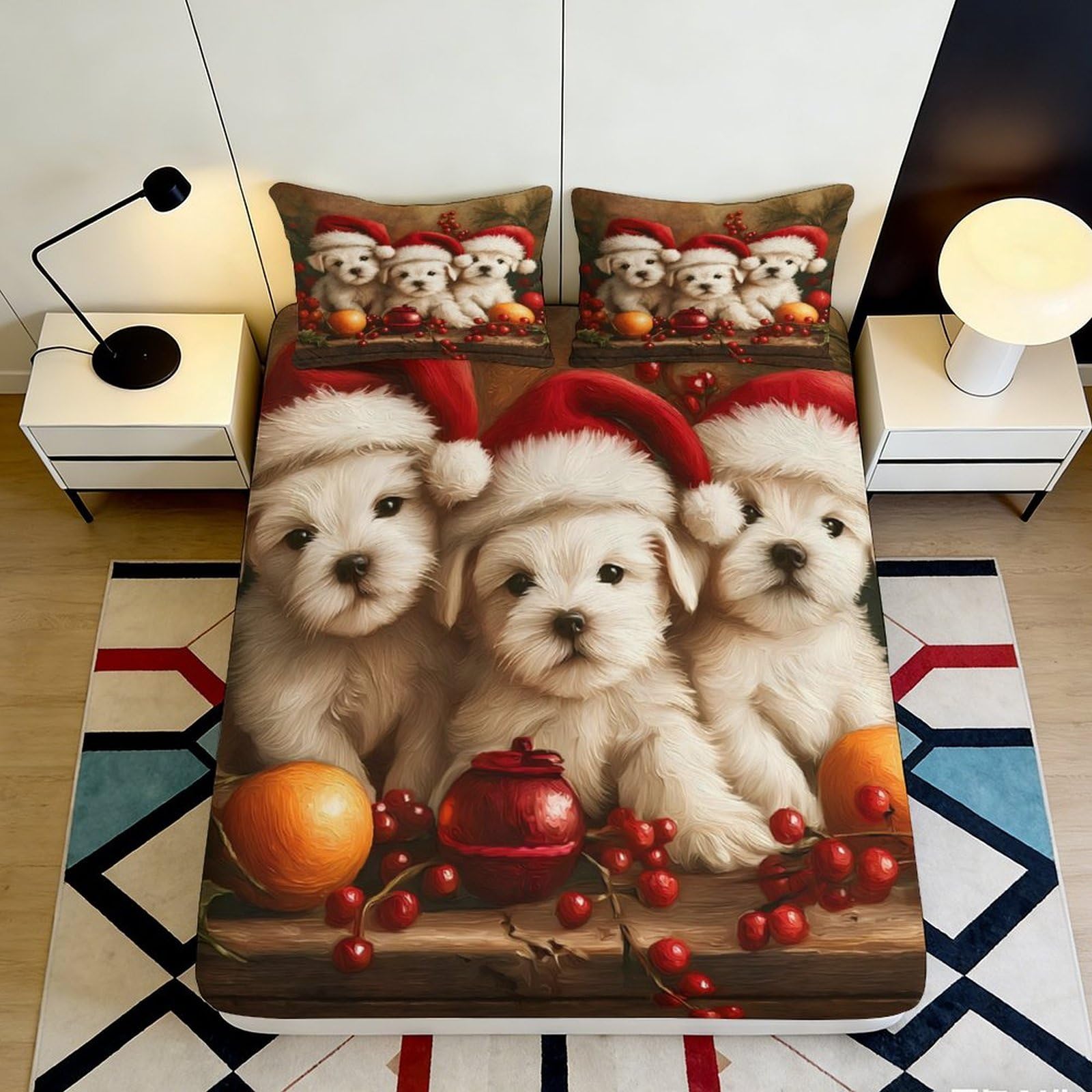 3D Printed Christmas Puppy Fitted Sheet Microfiber Soft Decor Santa Hat Bed Cover for Bedroom Guest Room 90x200x25cm