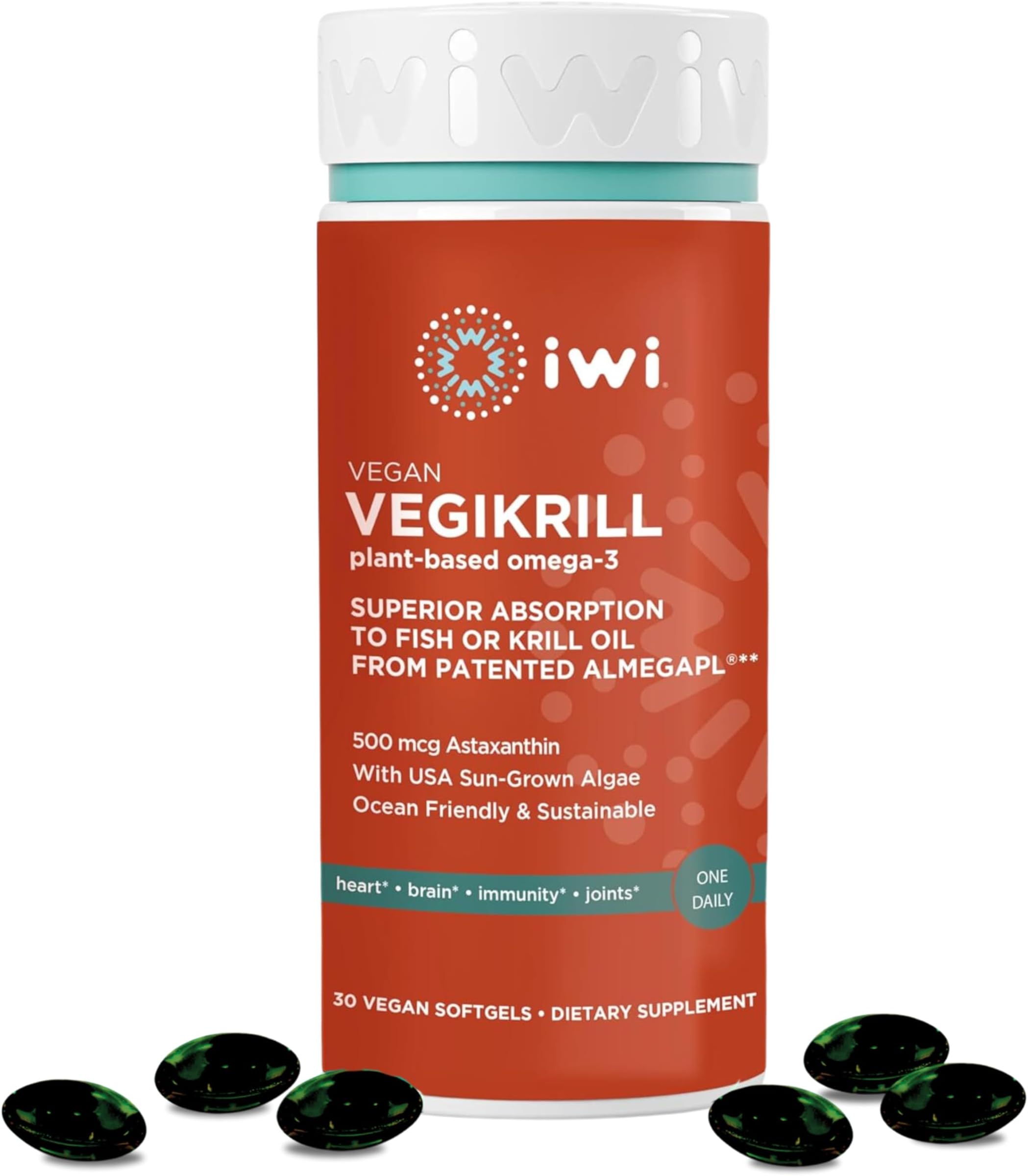 Iwi Life Vegikrill Omega-3, 30 Softgels (30 Servings), Vegan, Plant-Based Algae Omega-3 with Astaxanthin, Whole-Body Support Dietary Supplement, Krill & Fish Oil Alternative, No Fishy Aftertaste