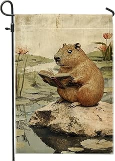 Summer Reading Capybara Garden Flag, Brown Literary Animal Home Decor Banner, Double Sided Fabric Yard Flag Outdoor Lawn Decoration 12x18 Inch