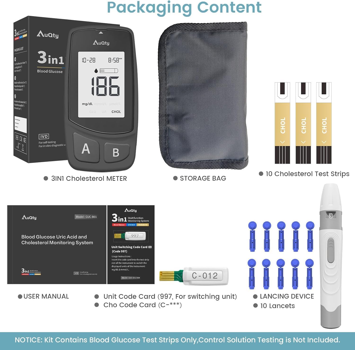 3-in-1 Cholesterol Monitor Kit with 10 Cholesterol Test Strips for Daily Home Health Testing