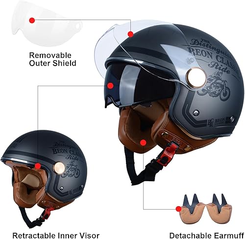 Miniatura 9 de BEON Casco de motocicleta de cara abierta para adultos, aprobado por DOT, casco retro Vespa 34, doble visera, casco de motocicleta para hombre y