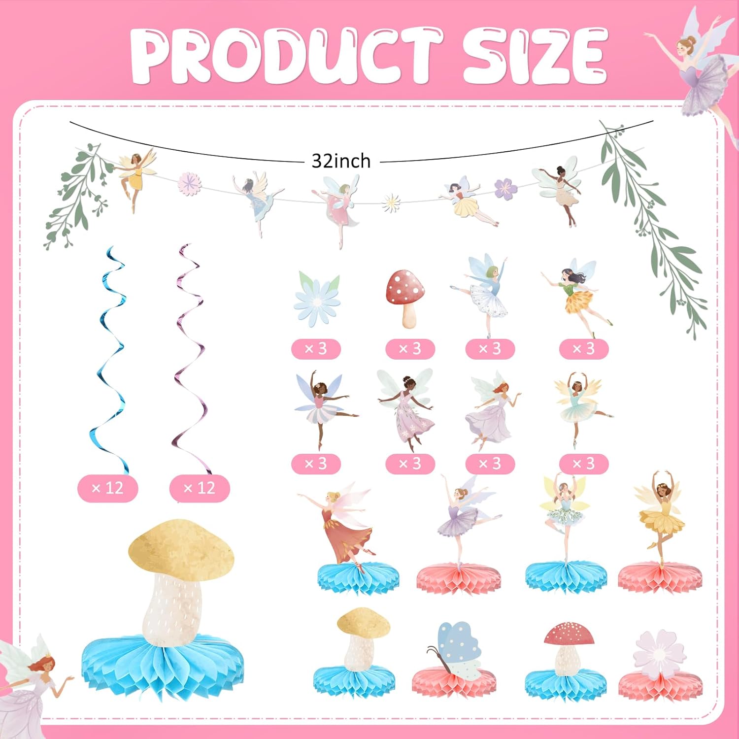 258 Pcs Fairy Birthday Party Decorations Include Disposable Fairy Paper Plate Napkin Teacup Saucer Cupcake Stand Centerpiece Bunting Banner Hanging Decoration Spring Ballet Forest Birthday Baby Shower