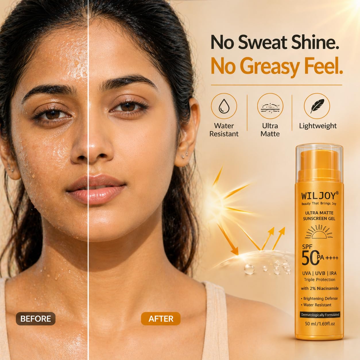 Wiljoy Ultra Matte Sunscreen Gel SPF 50 PA++++ | 2% Niacinamide | For Oily, Acne-Prone Skin | Lightweight Texture | No White Cast | Broad Spectrum UVA/UVB/IRA Triple Protection | Non- Comedogenic | Tan Protection | Photostable | Water & Sweat Resistant | For Men & Women | Dermatologically Formulated | 50 mL 1