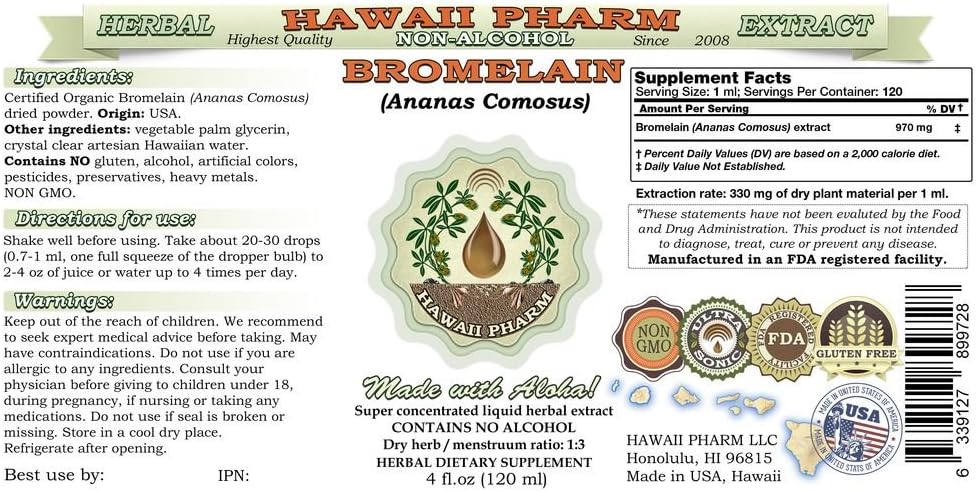 Bromelain Alcohol-Free Liquid Extract, Bromelain (Ananas Comosus) Dried Powder Glycerite Hawaii Pharm Natural Herbal Supplement 2 oz : Health & Household