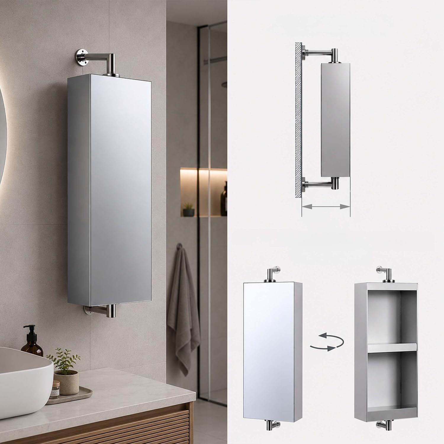 Relaxdays Rotating Mirror Cabinet, 3 Open Compartments, Wall Mounted, H x W x D: 60 x 25 x 12 cm, Stainless Steel, Silver