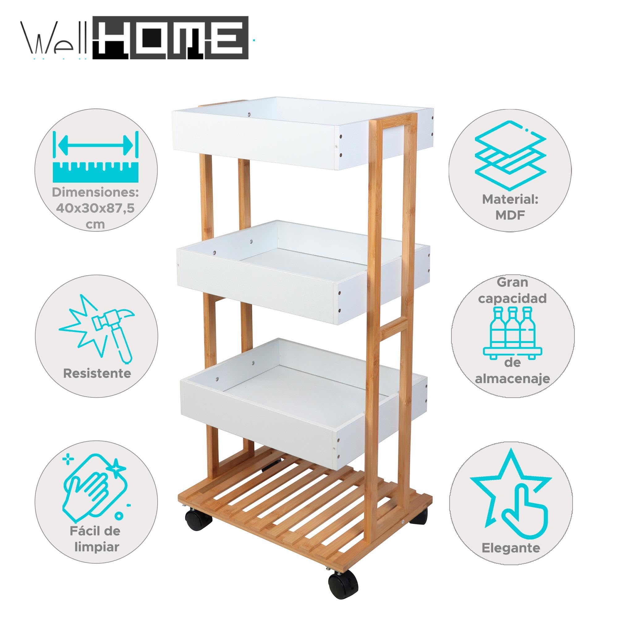 Well Home Carrello portaoggetti in bambù con 1 ripiano e 3 vassoi di colore bianco 40x30x87,5cm