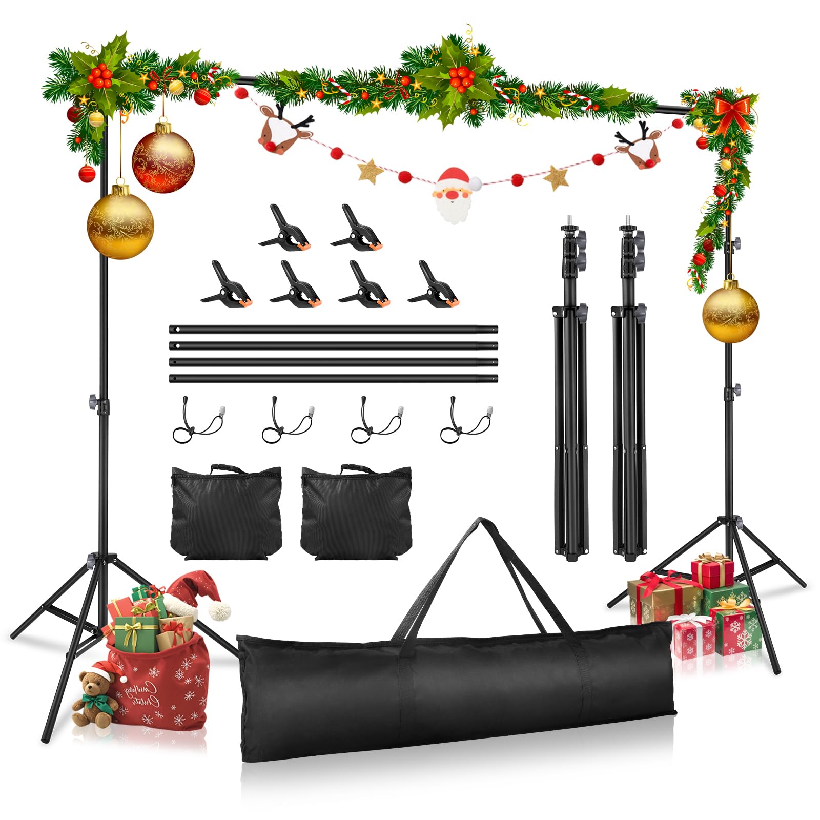 Backdrop Stand 10x7ft(WxH) Photo Studio Adjustable Backdrop Stand Kit Photography Backdrops with 4 Crossbars, 6 Clamps, 4 Spring Clip, 2 Sandbags and Carry Bag for Parties/Wedding/Photography