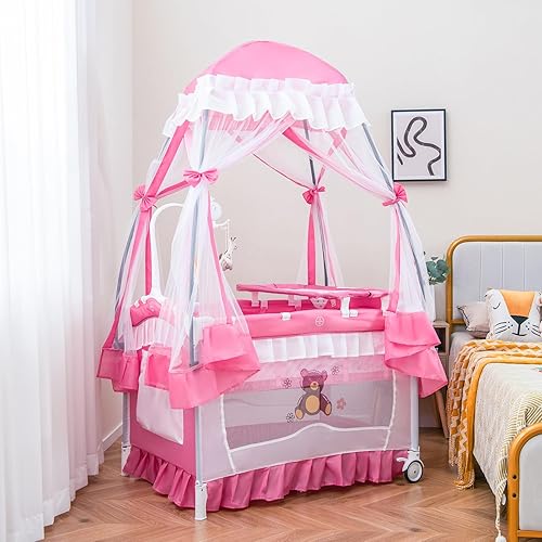 Miniatura 2 de HONEY JOY Parque Infantil 4 en 1 con Toldo, Corralito Portátil para Bebé con Mesa Cambiadora y Moisés para Bebés, Lindos Juguetes y Música, Moisés