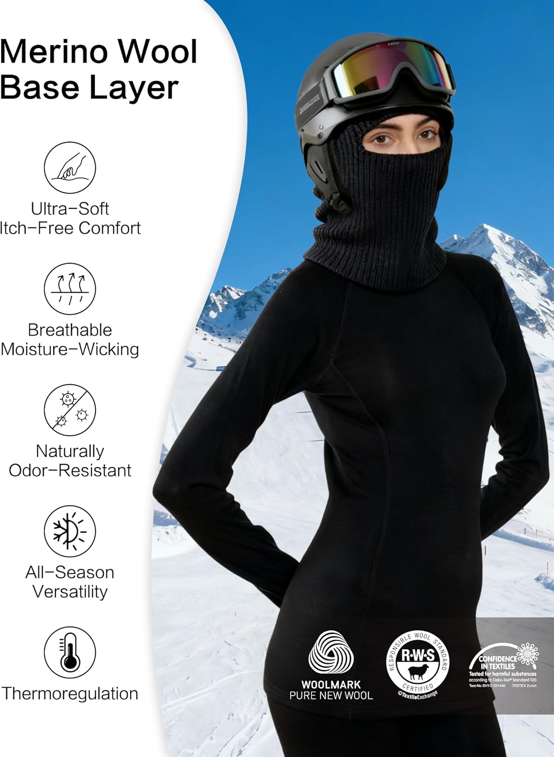 LEADHALO Midweight Merino Wool Base Layer Women Set, Moisture Wicking Warm Women's Thermals Top and Bottom for Ski Snowboard - Image 2