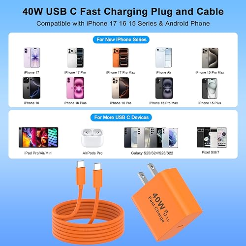 Miniatura 5 de [Certificado MFi de Apple] Cargador para iPhone 17 Pro Max de carga rápida, paquete de 2 bloques de cargador USB C de 40 W y cable de carga tipo C