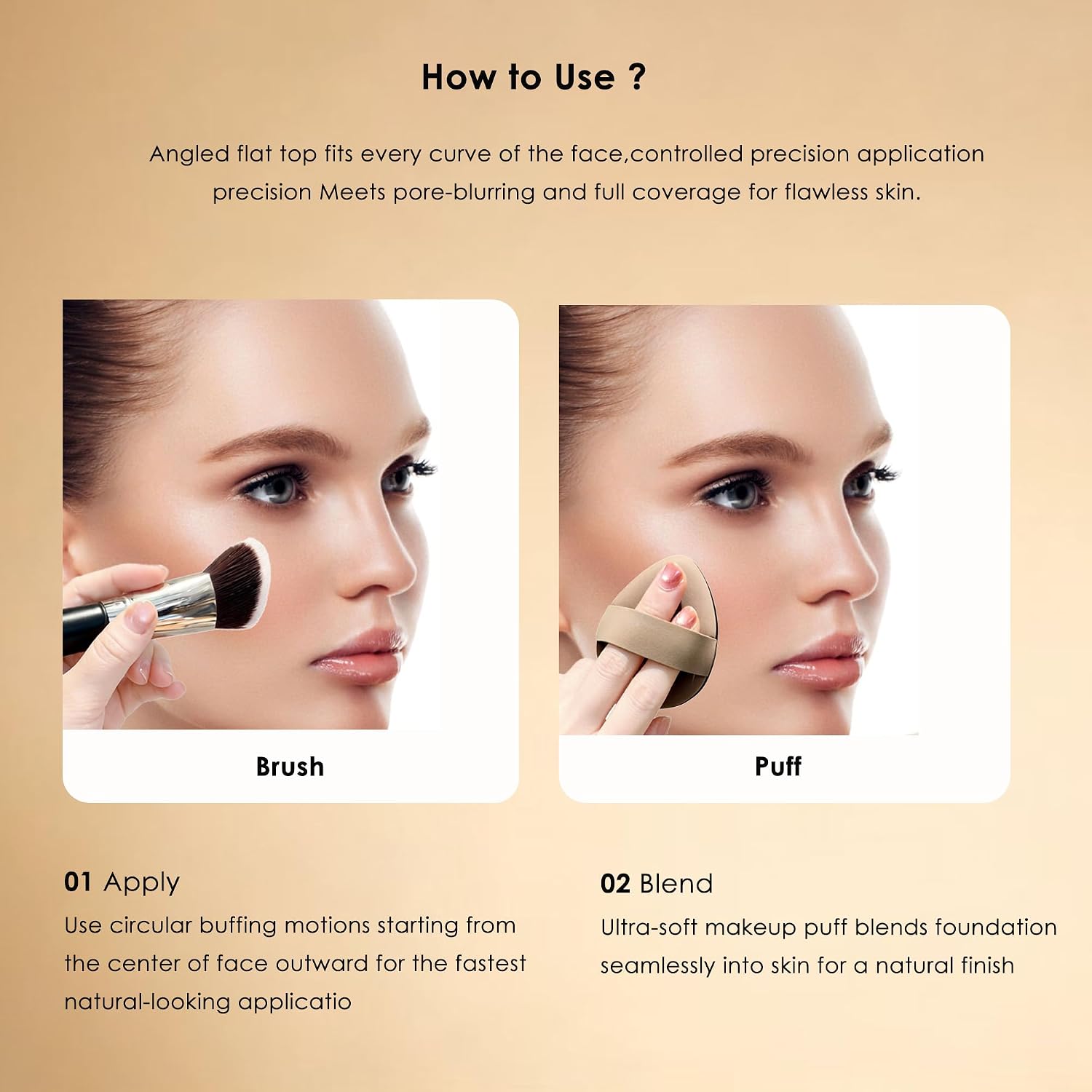 3DHD Angled Kabuki Foundation Brush 1.38 Inch,Dense Professional Foundation Makeup Brush For Liquild,Cream,Powder,Blush,Buffing & Blending, Contouring Makeup Brush with Makeup Puff
