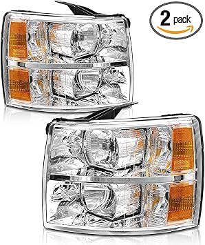 TopAutoGear 2007-2014 Silverado Headlight Assembly for 2007 2008 2009 2010 2011 2012 2013 2014 Chevy Silverado Avalanche 1500/2500 / 3500 Clear Lens Chrome Housing with Amber Reflector Headlamp