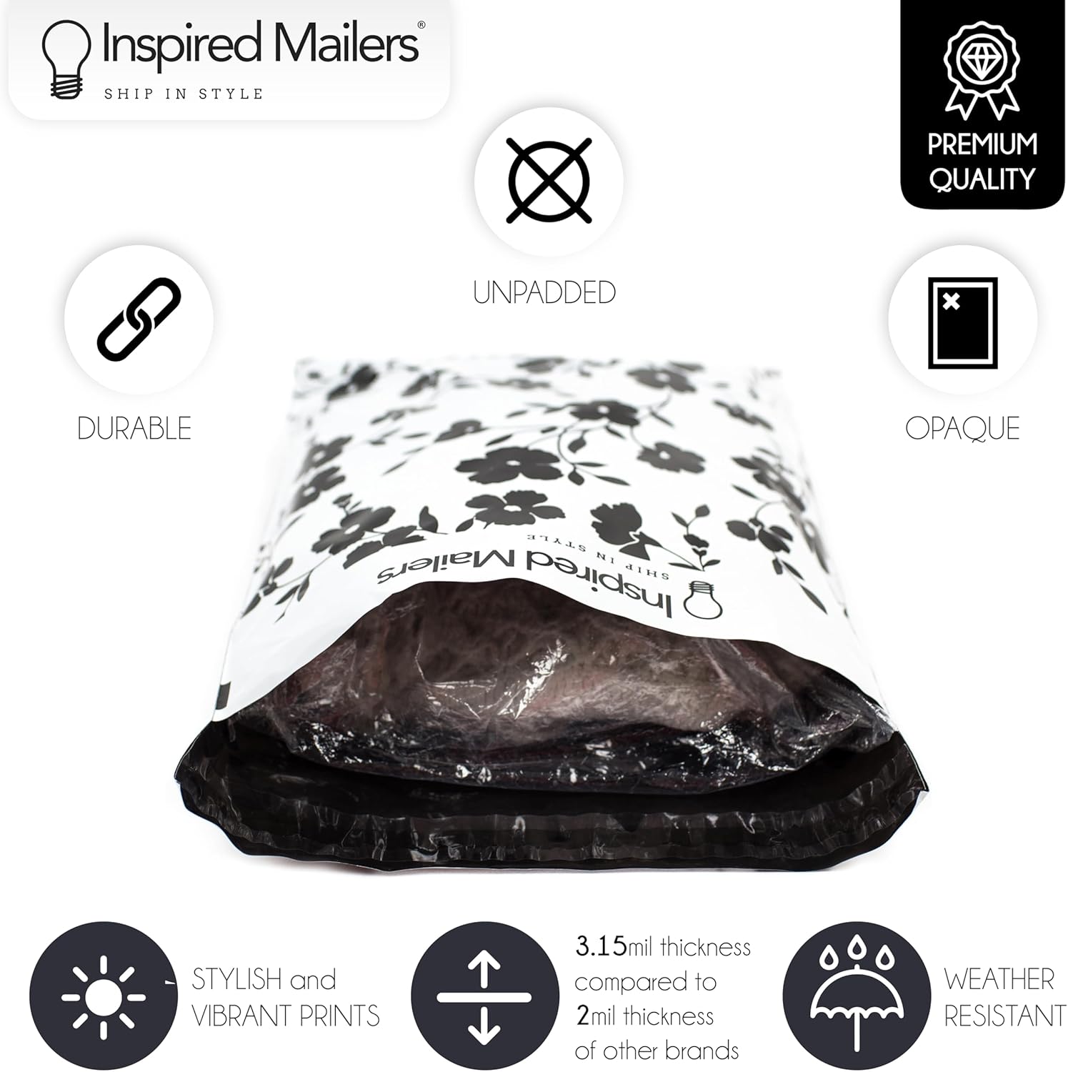 Inspired Mailers - Poly Mailers 10x13-100 Pack - Black Floral - Shipping Bags for Clothing - Large Mailing Envelopes - Shipping Envelopes - Package Bags - Poly Bags 10x13