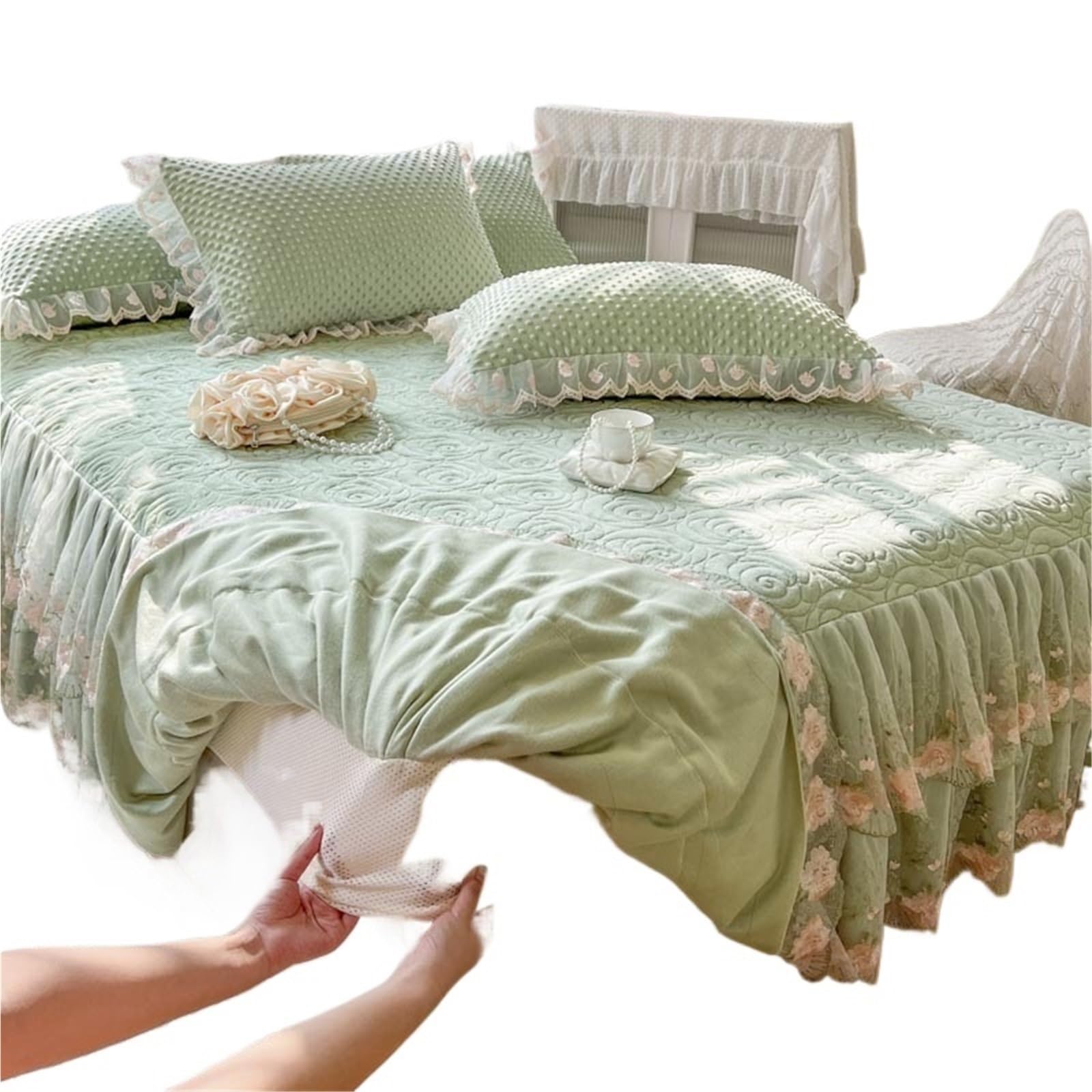 3Pcs Thickened Crystal Velvet Fitted Sheet Bed Skirt, Flowers Lace, Quilted Bedspread, Cover, Pillowcases(Green,180X220cm 3pcs)