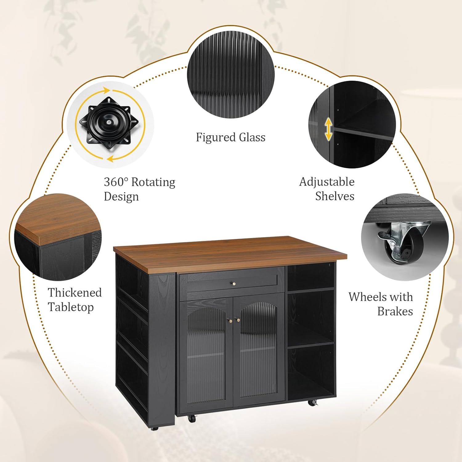 LYNCOHOME 71.1" Rolling Kitchen Island with 360° Rotating Tabletop, Mobile Lockable Wheels & Adjustable Shelves, Multifunctional Storage Cart for Kitchen & Dining（Black）