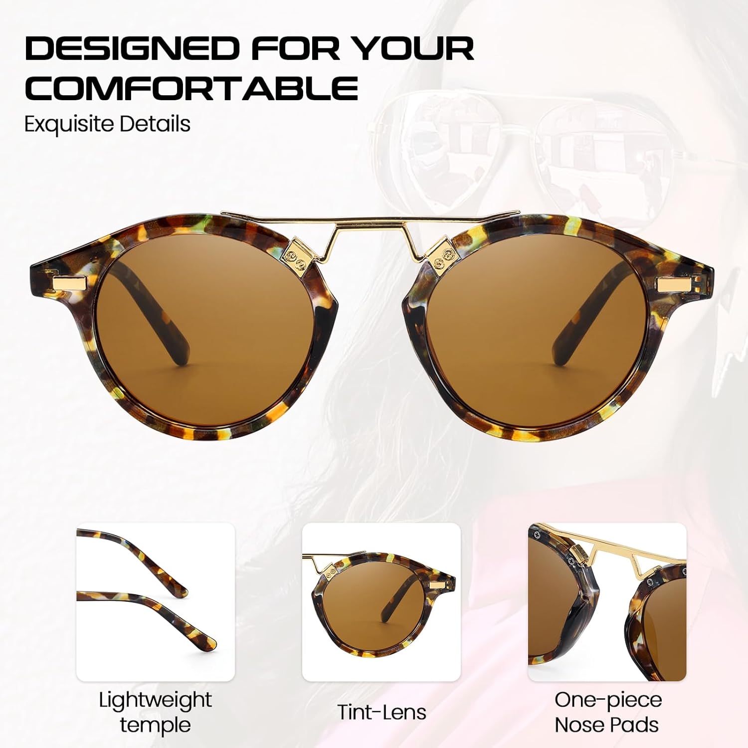 SODQW Small Face Sunglasses for Women UV Protection, Round Retro Tangle Free Double Bridge Trendy Ladies Shades - Image 3