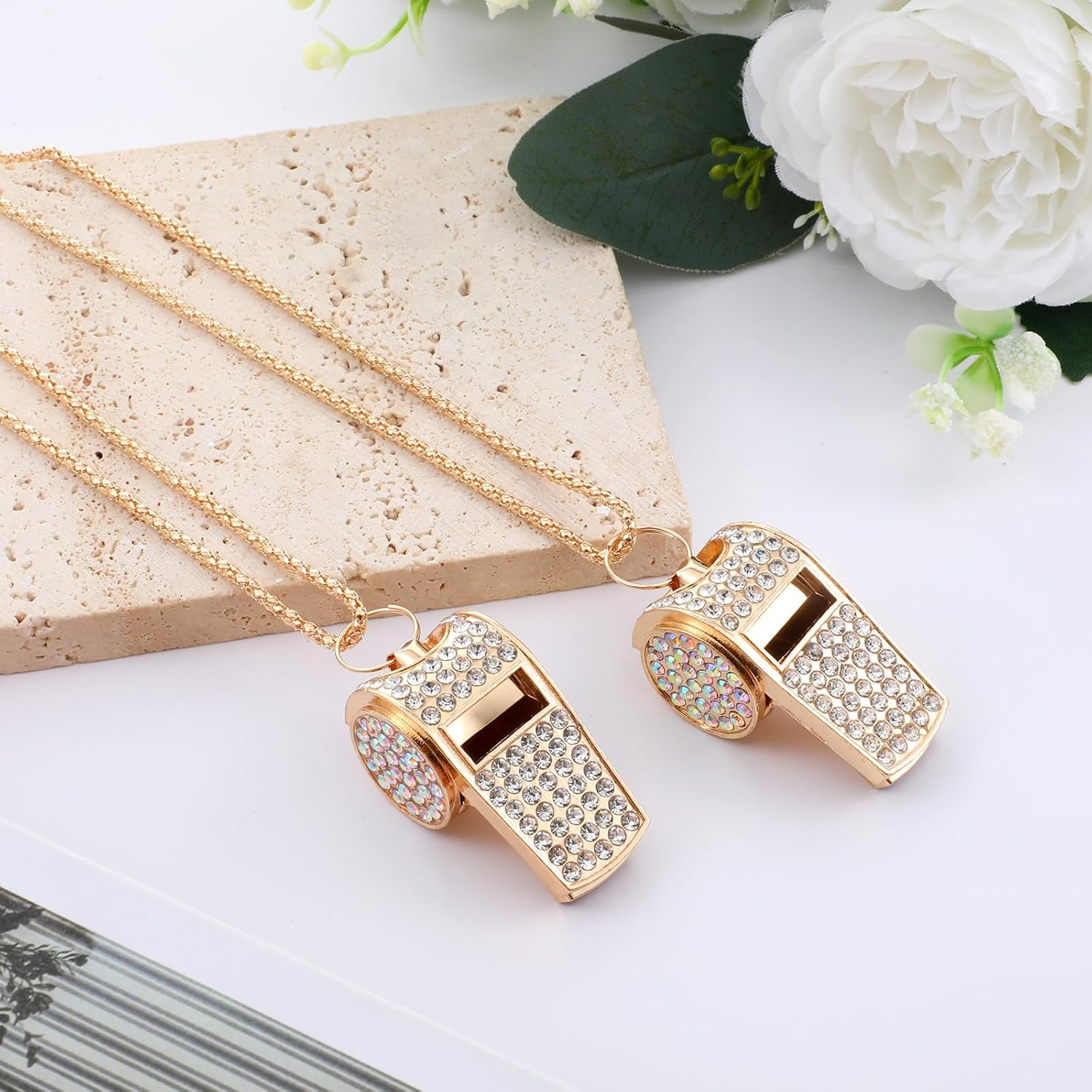 2 Pack Bling Rhinestone Whistles with Lanyard, Metal Whistle Emergency Sports Whistle, Accessories Loud Crisp Sound for Coach Captain Referee Teacher