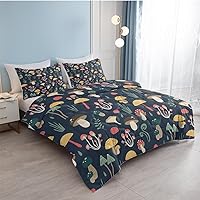 Vista 10 de SOULZZZ Juego de ropa de cama retro hippie tamaño matrimonial, edredón floral de hongos margaritas para niñas y mujeres, edredón negro con 2 fundas